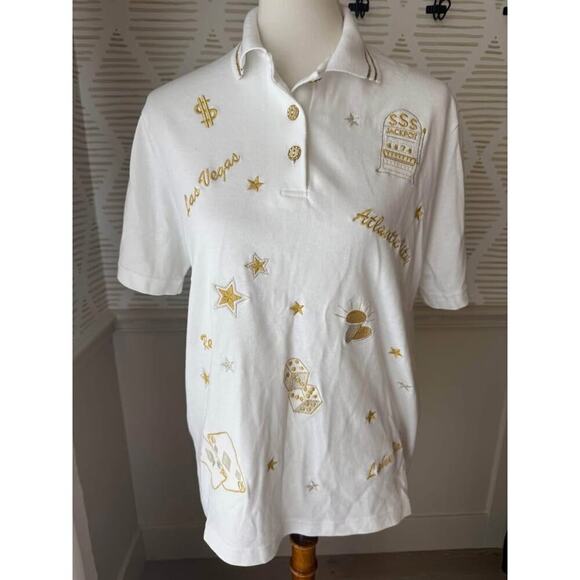 Women’s Medium Gold Embroidered Gambling Casino Vegas Polo Collared Shirt - Picture 1 of 7